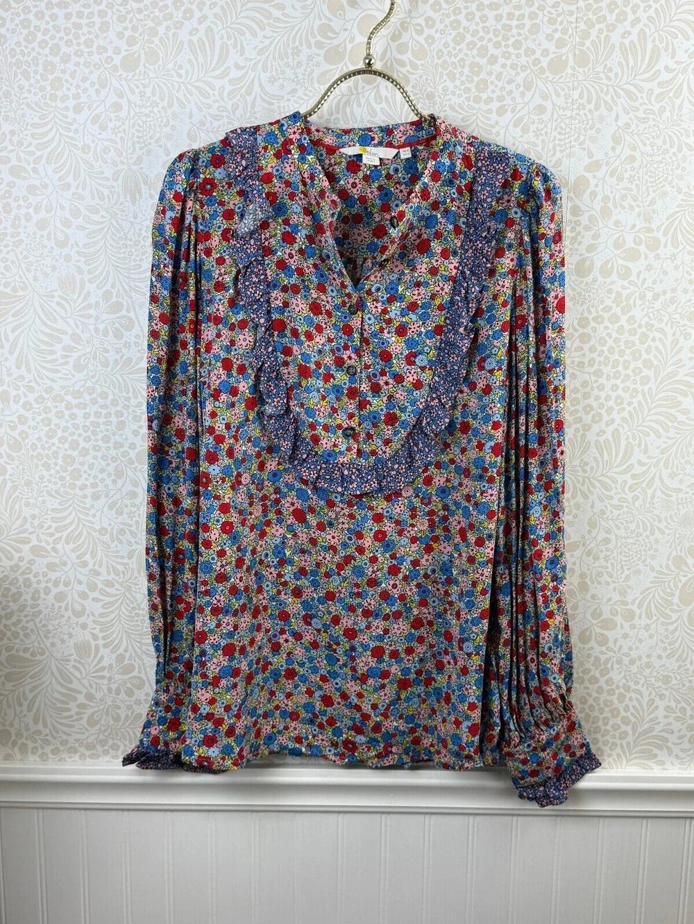 BODEN Red Floral Brightly Colored Printed Ruffle Bib Popover Blouse - Size - 4